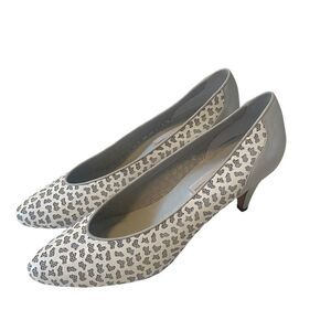 Vintage Sesto Meucci of Florence Leather Gray & White Laser Cut Cone Heel Pumps
